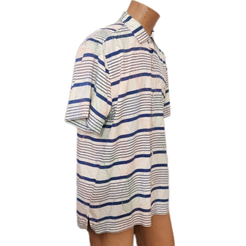 TOMMY BAHAMA 100% Silk Striped Leaf Print Button Up Shirt Cream Multi  S… - Picture 6 of 15